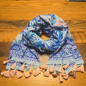 Lilly Pulitzer Blue White Baby Pink Floral Scarf Tassels